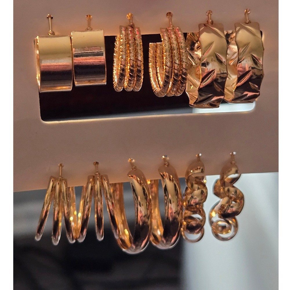 6 Pair Gold Tone Hoop Earring Set Textured Chunky Spiral Multi Strand Bundle